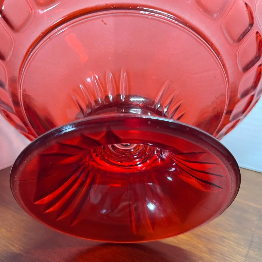 Vintage Federal Glass Yorktown Colonial Ruby Red Thumbprint Footed Bowl 10”